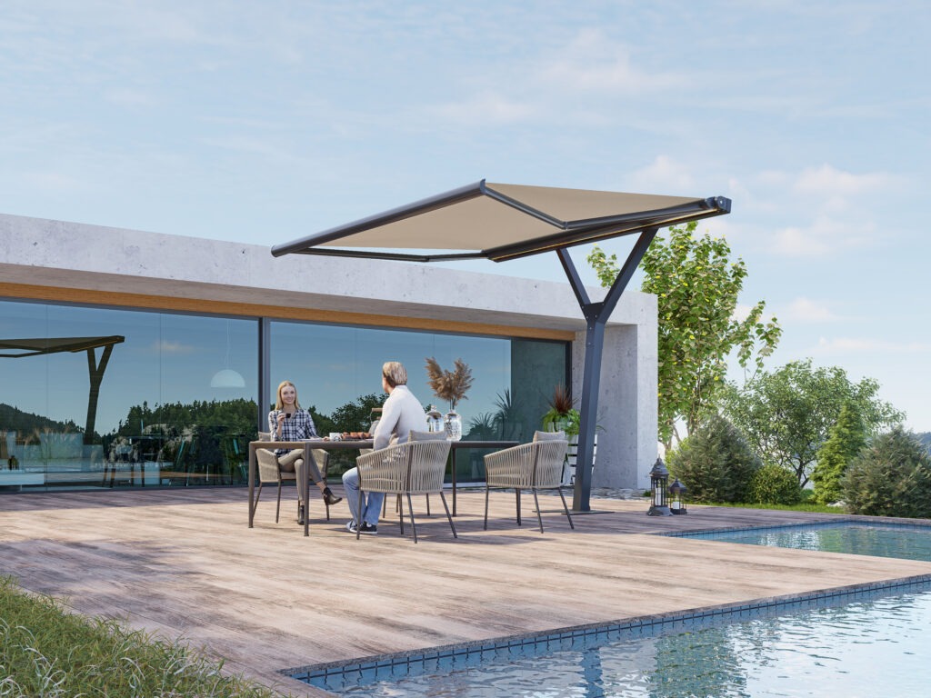 Free Standing Y-Style Retractable Awning by pool